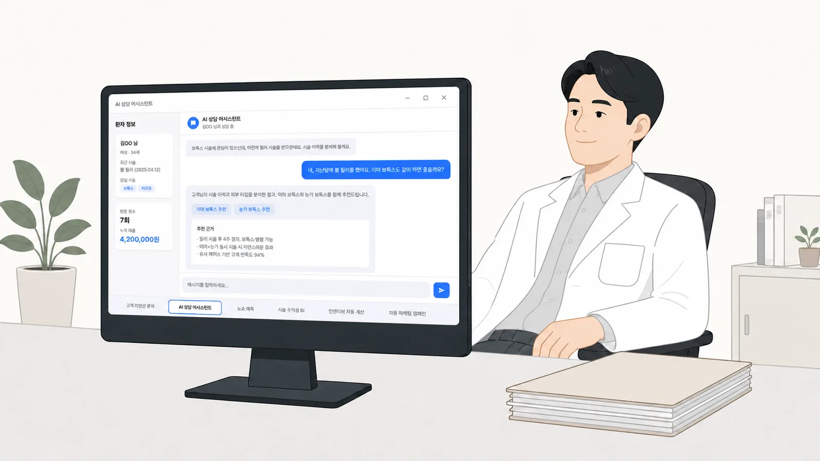 한 화면에 모인 고객 맥락을 보며 상담을 준비하는 원장님 일러스트