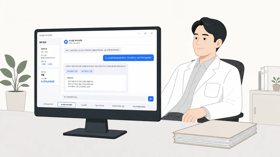 상담실에서 병원이 만든 상담 보조 도구로 고객의 시술 이력과 추천 근거를 확인하는 원장님 일러스트
